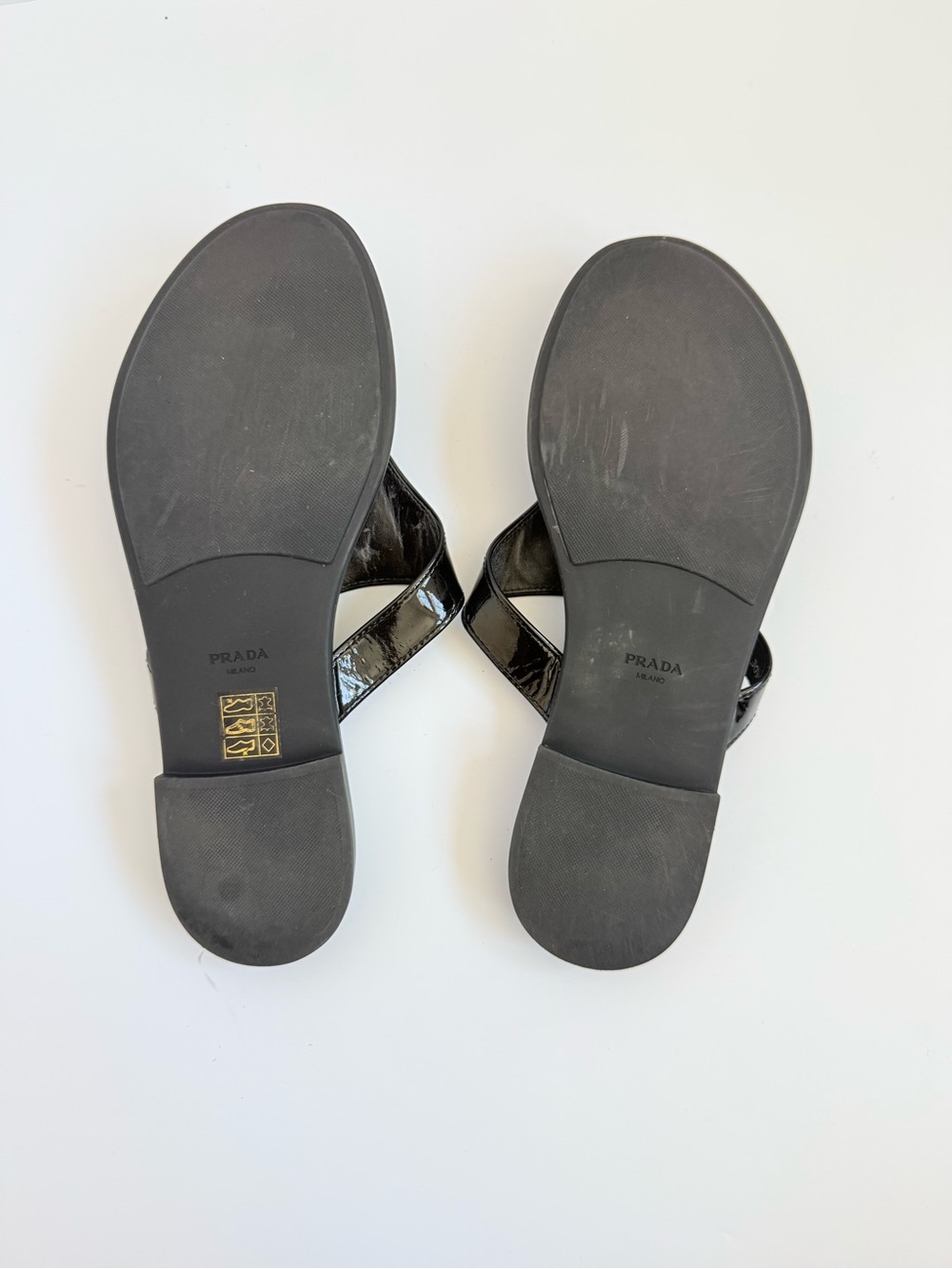 Prada Vernice Patent Leather Logo Thong Sandals Black Flat Slides EU 38 - Picture 10 of 11